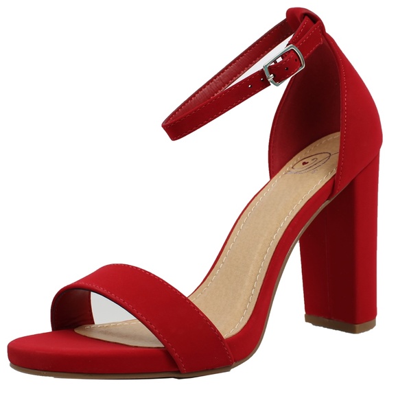 Red Open Toe Ankle Strap Block Heel - Picture 2 of 6